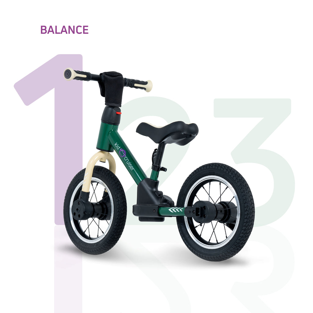 bicicletta senza pedali 3 in 1 verde scuro per bambini piccoli, in modalità equilibrio, senza pedali né rotelle