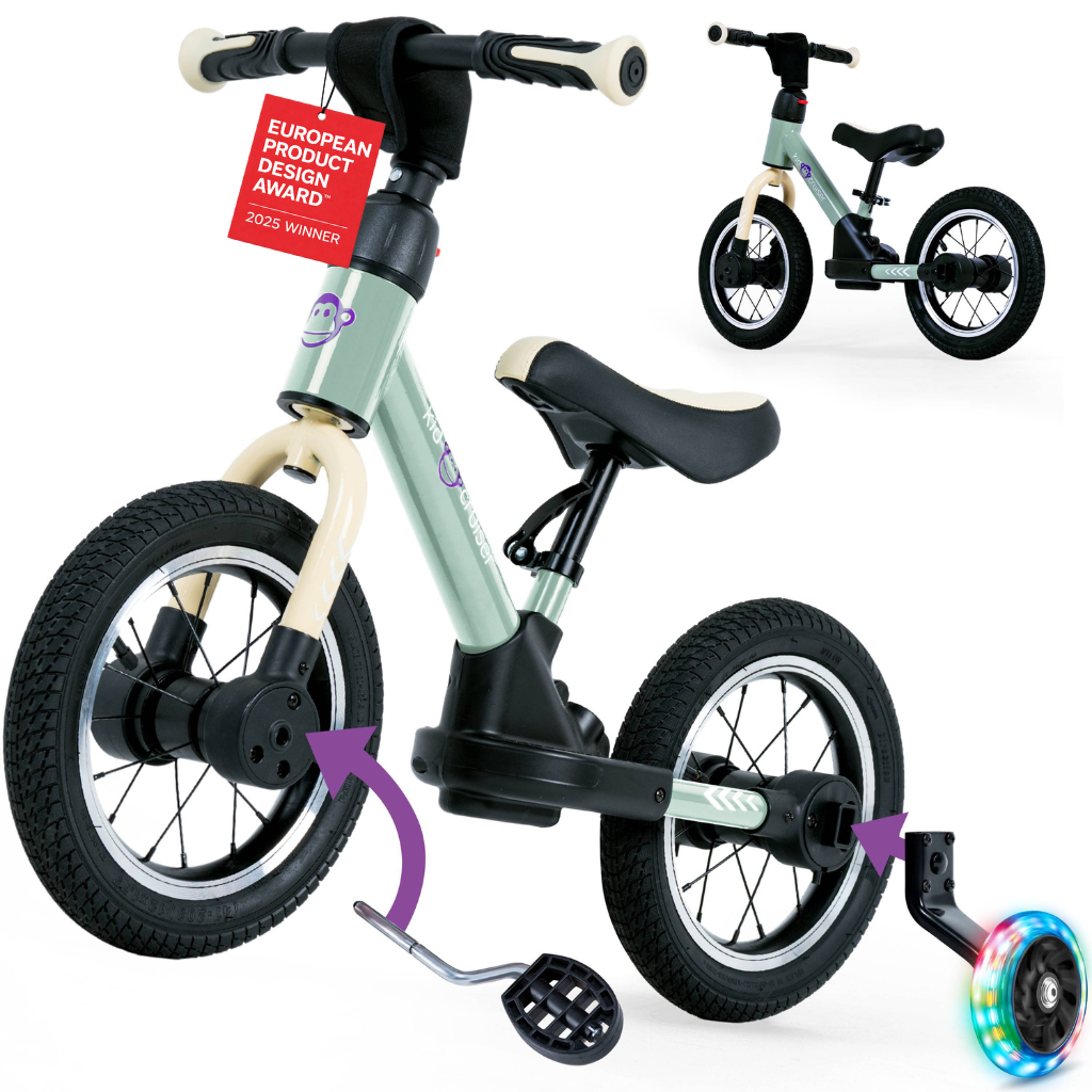 Children's balance bike with training wheels and seat, featuring a design award tag.