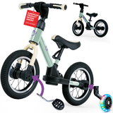 Children's balance bike with training wheels and seat, featuring a design award tag.