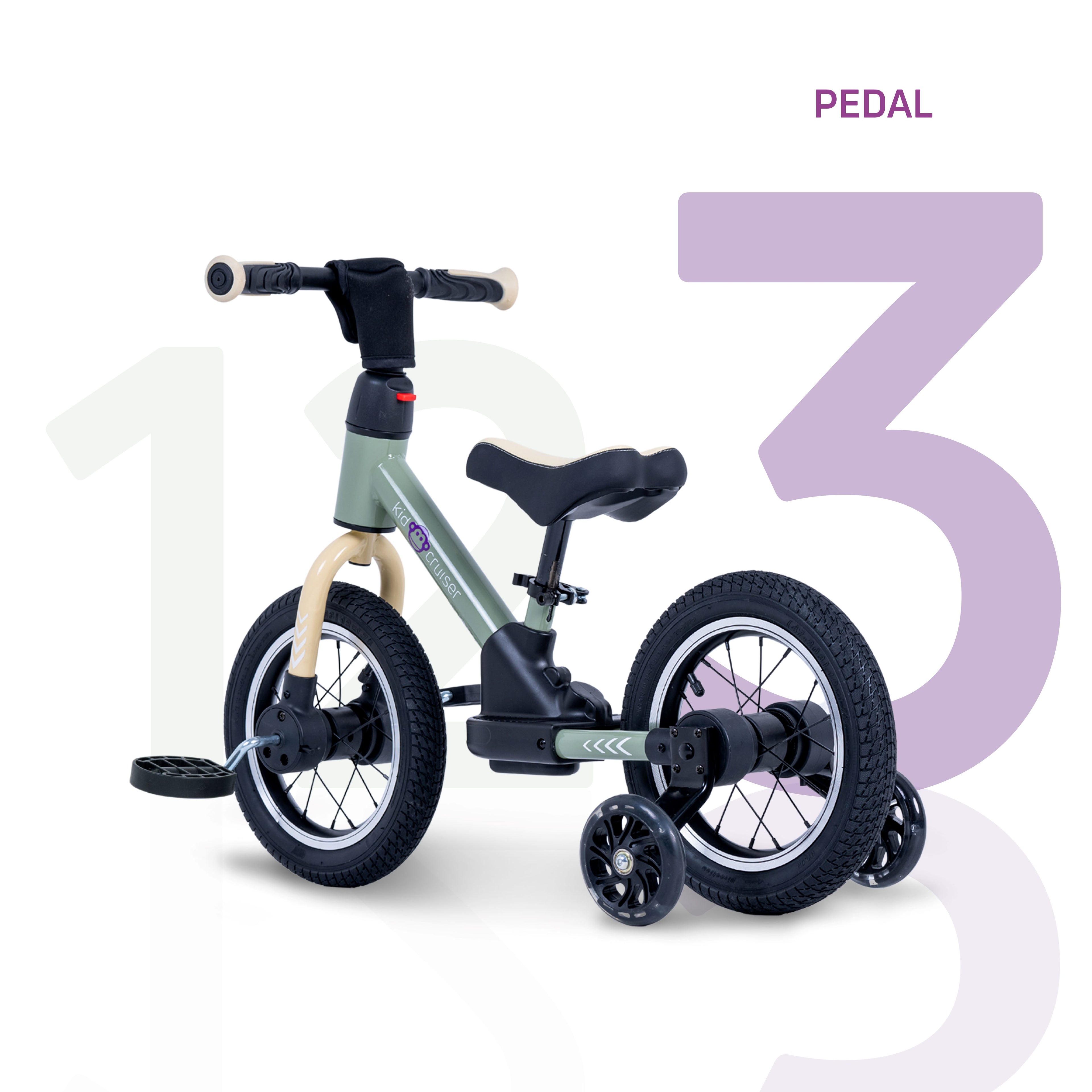 bicicletta senza pedali per bambini con pedali e rotelle, vista laterale