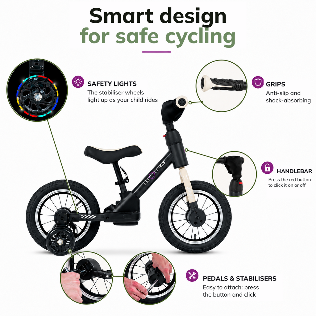 Merkmale des Kidcruiser 3-in-1-Laufrads in Schwarz