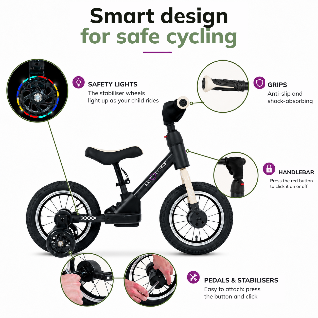 Merkmale des Kidcruiser 3-in-1-Laufrads in Schwarz