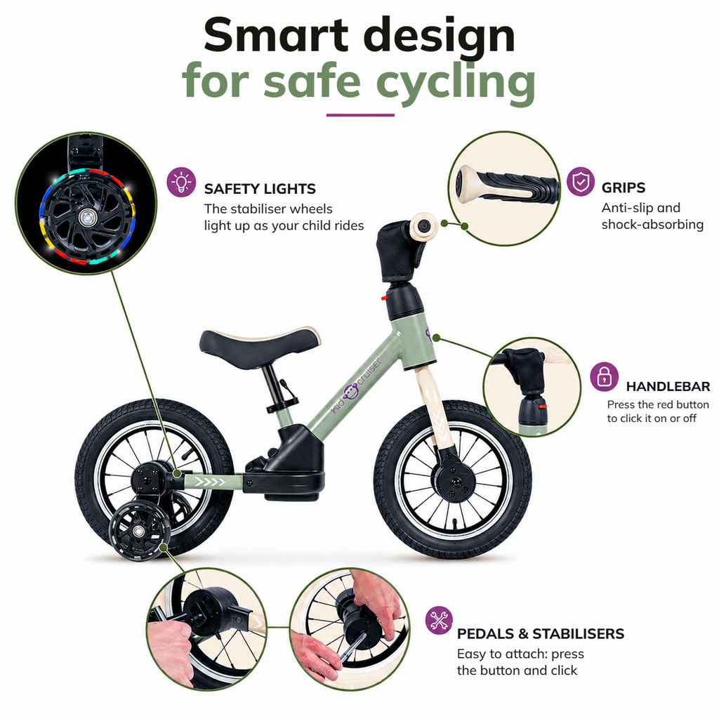 Merkmale des Kidcruiser 3-in-1-Laufrads in Hellgrün mit Schwarz